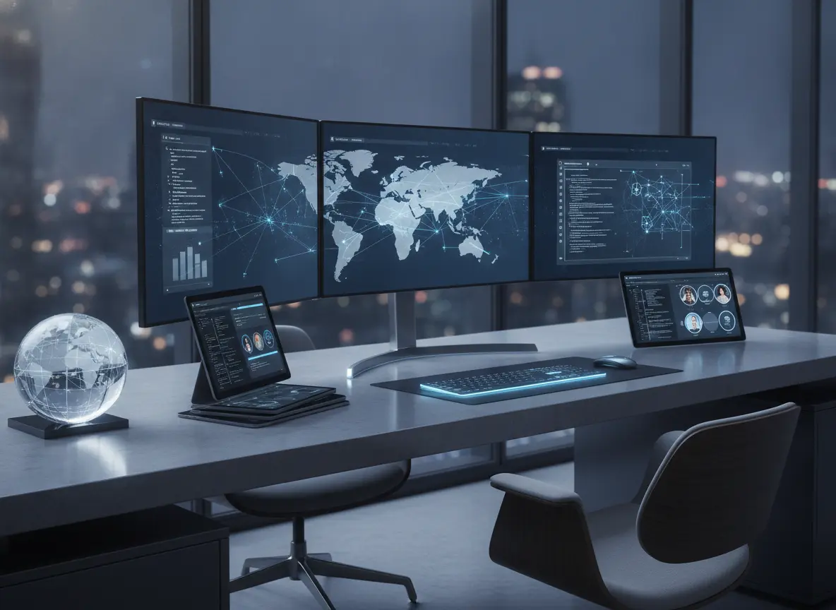 A modern office workspace with global operations monitoring