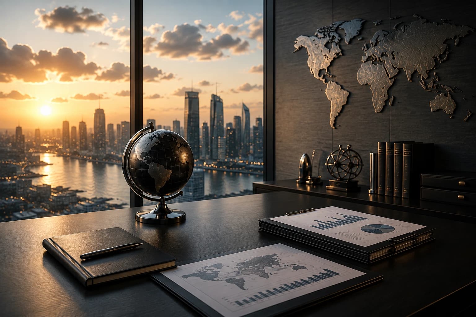 A desk with a globe, a world map and business reports, overlooking a city skyline